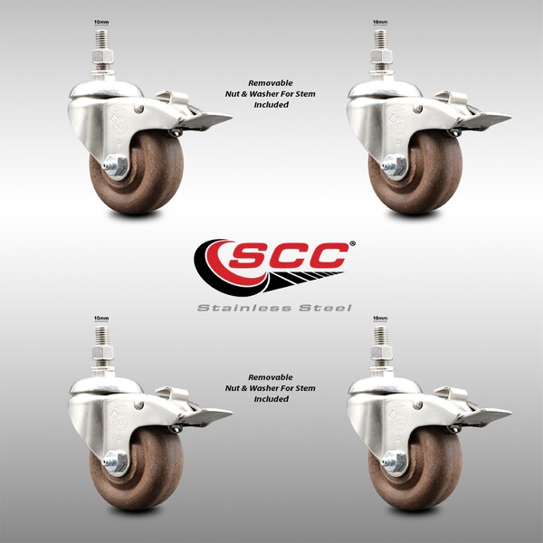 Service Caster 3.5 Inch 316SS High Temp Glass Filled Nylon 10mm Stem Caster Set Lock Brake SCC-SS316TSTTL20S3514-GFNSHT-M1015-4 - main